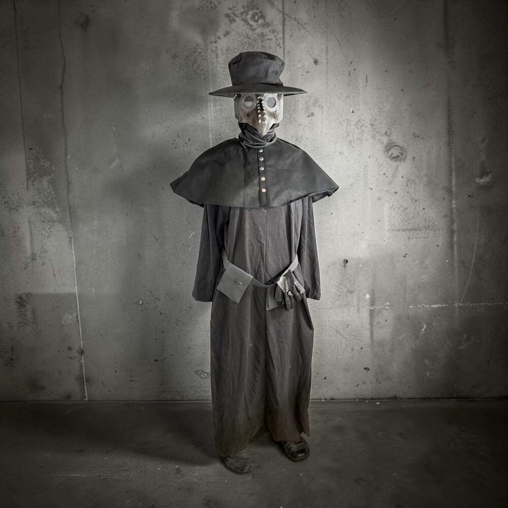 Black Plague Doctor Costume Long Nose Bird Mask Spirit Halloween Masquerade XL